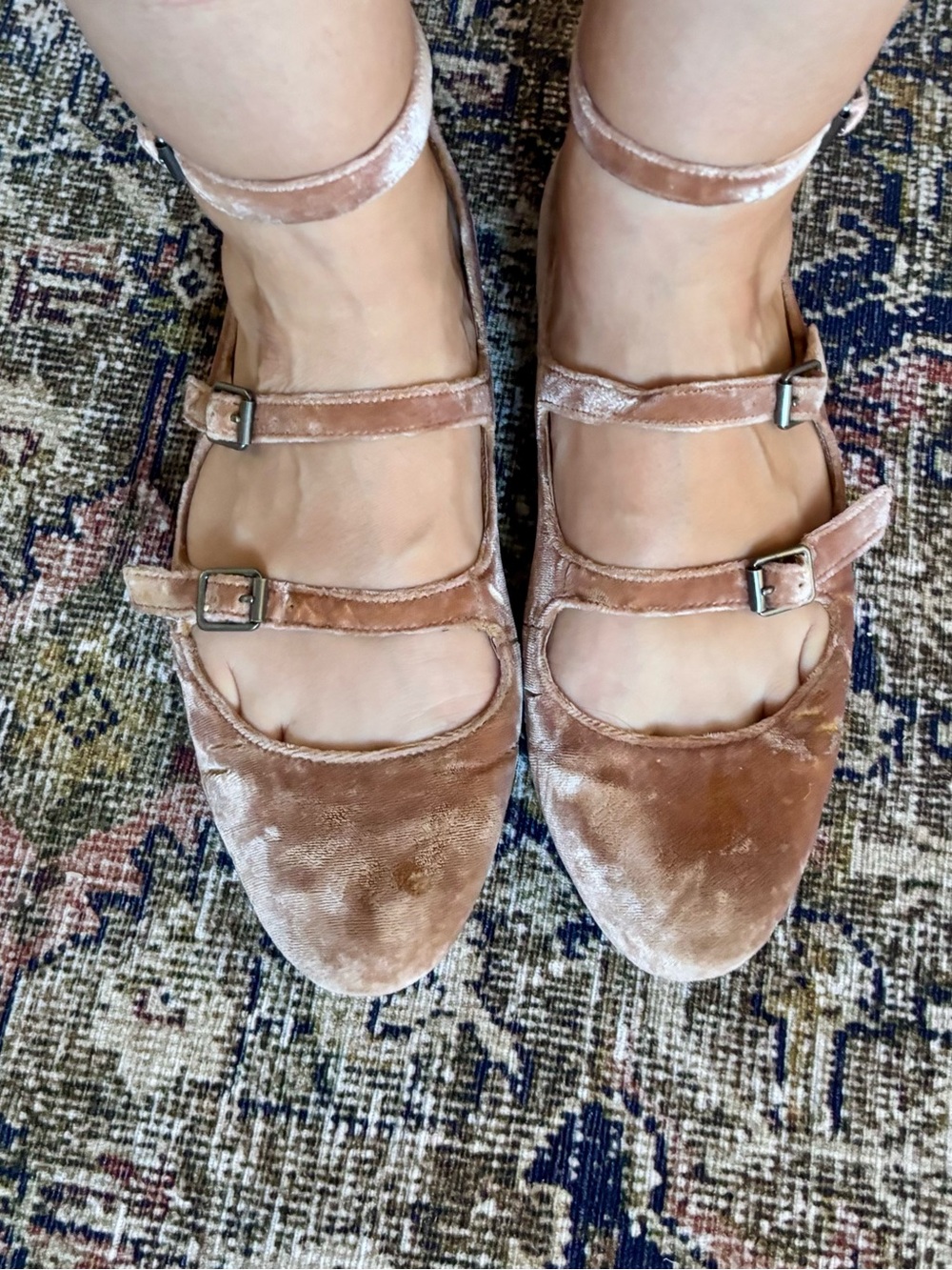 Madewell Velvet Triple-Strap Mary Jane Flats in Rose Gold